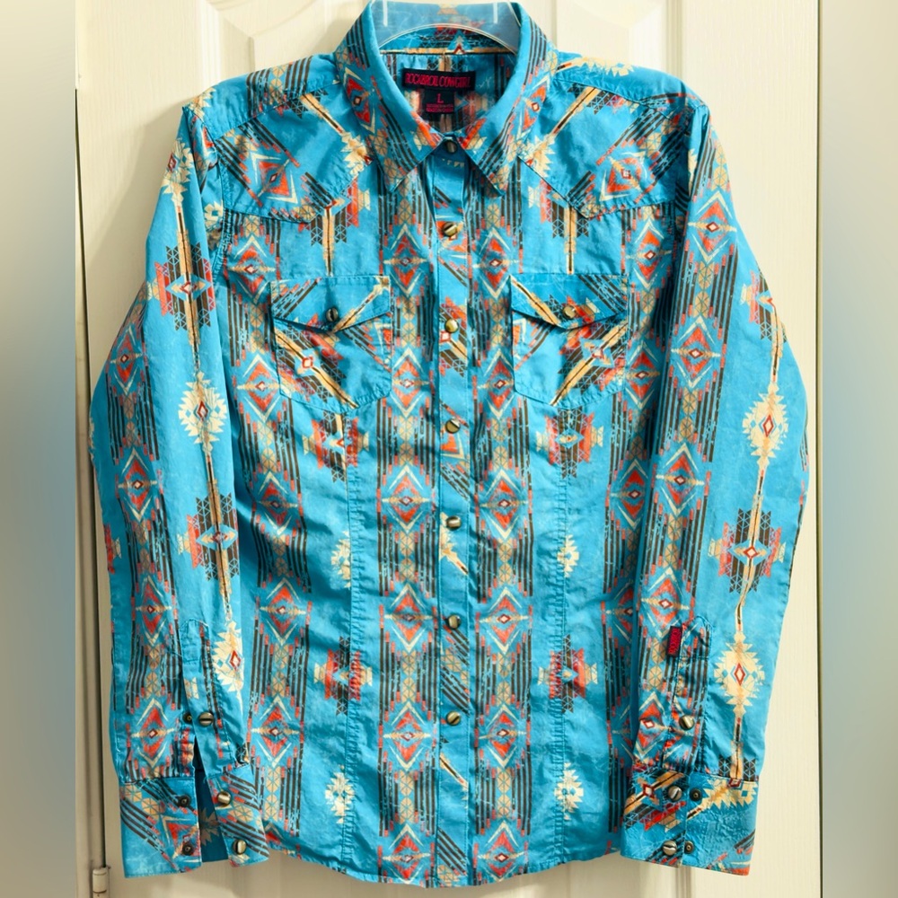 Rock & Roll Cowgirl Womens Large Western Pearl Snap Shirt Aztec Southwestern